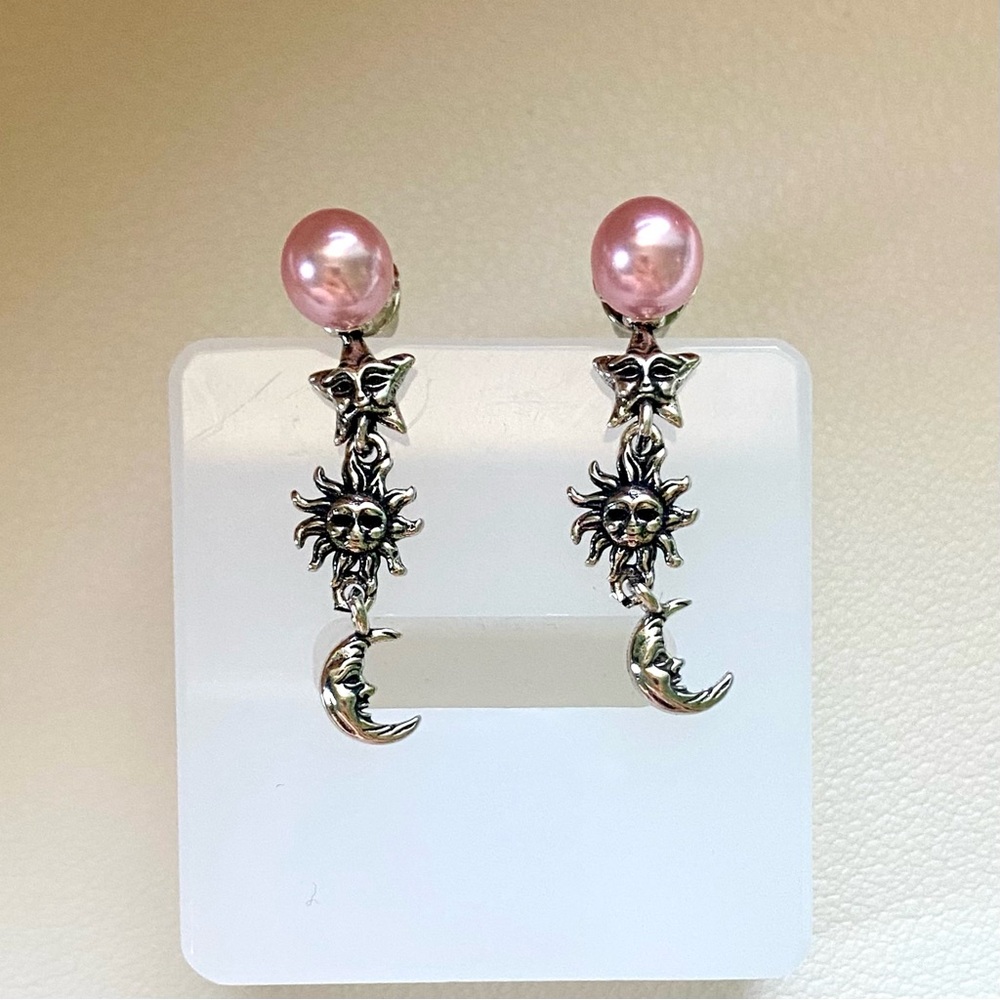 Pink Pearl Sun & Moon Dangle Earrings